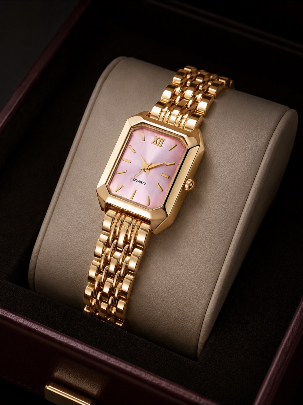 Gold Bracelet Watch with Pink Dial